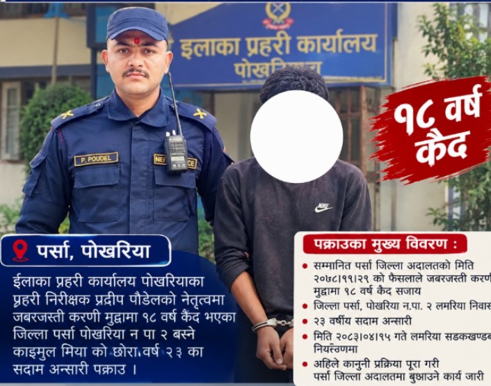 पर्सा प्रहरीको फरार प्रतिवादी पक्राउ अभियान तीब्र , जबरजस्ती करणी मुद्दाका फरार प्रतिवादी पोखरिया प्रहरीको नियन्त्रणमा ।